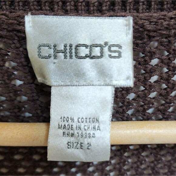 Chico's Top Womens L Brown Cotton Open Weave Long Slv Button Tunic Boho Beach - Picture 8 of 10
